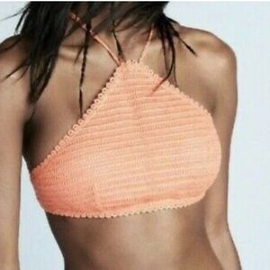 Express Bikini Top Coral Crochet Swimsuit High Neck S Small New